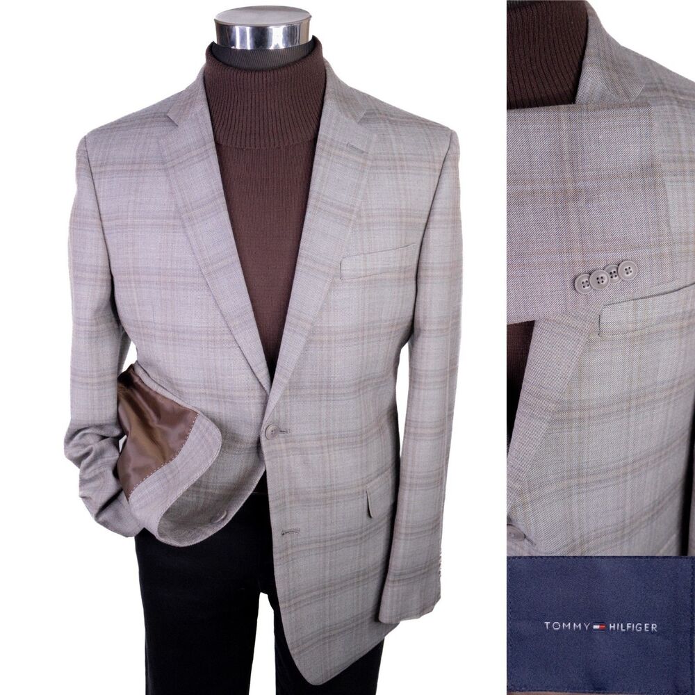 Tommy Hilfiger Blazer Mens 42R Gray/Brown Windowpane Check Wool/Silk Sport Coat